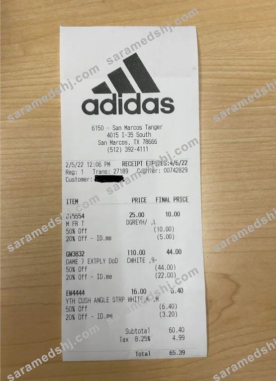 USA Adidas payment receipt